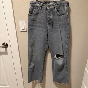 Zara Women High Rise Gray Cropped Straight Distressed Jeans